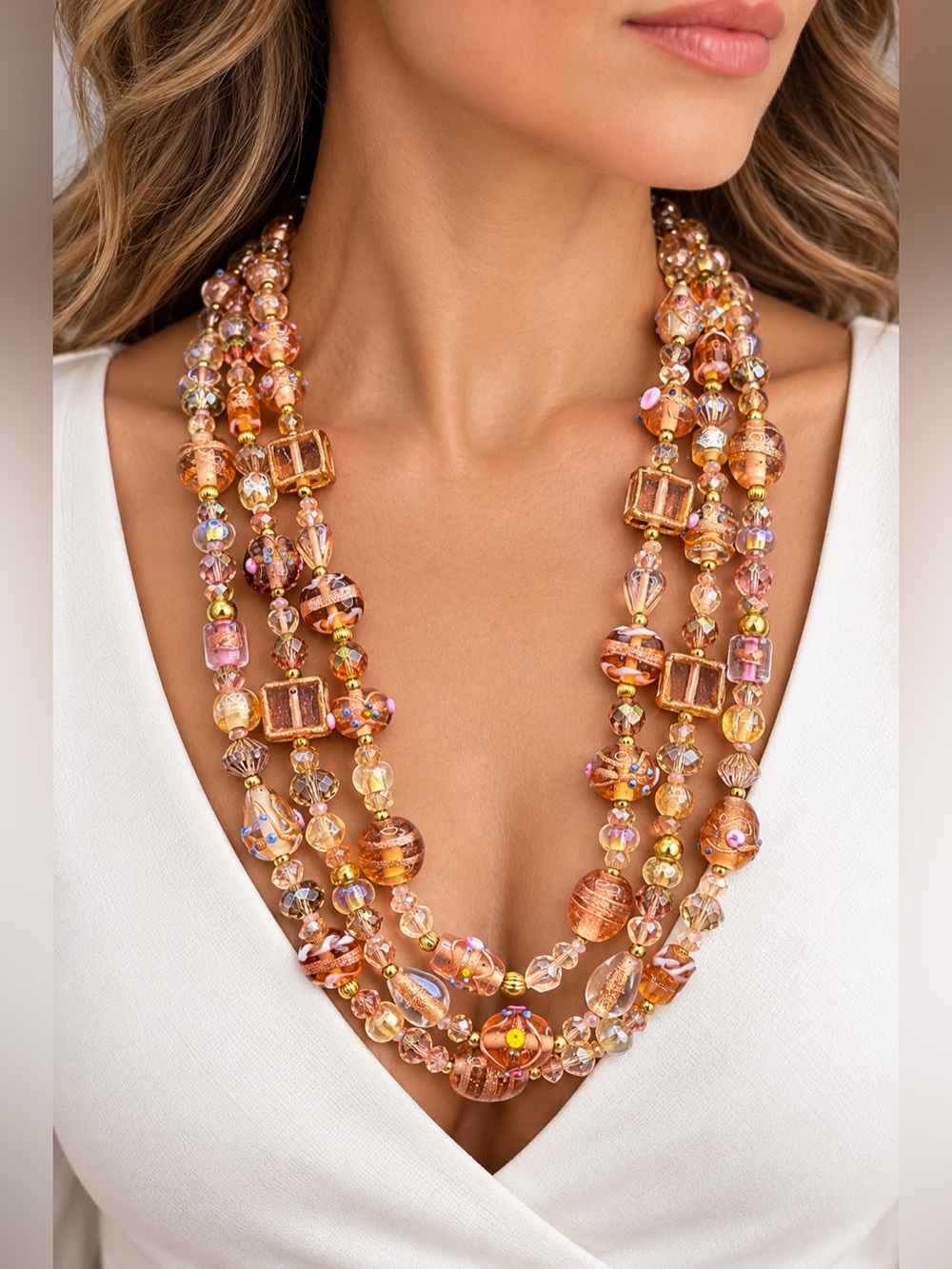 Multi-Strand Venetian Wedding Cake Glass Bead Necklace